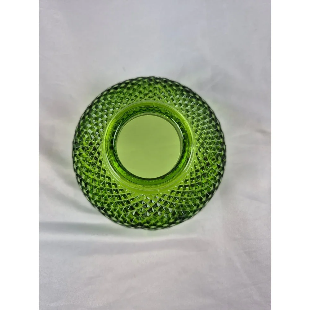 Vintage Green Pressed Glass Fairy Lamp Base Diamond Quilt Candle Holder 3.5 In